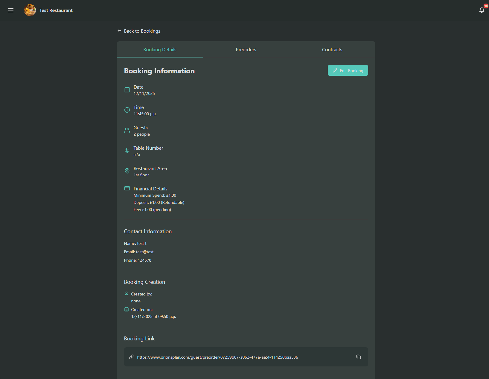 Booking details view showing the tabs: Booking Details, Preorders, Contracts